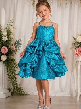 NWT Bijan Kids Turquoise Corset Ruffle Formal Party Dress Girls Size 2